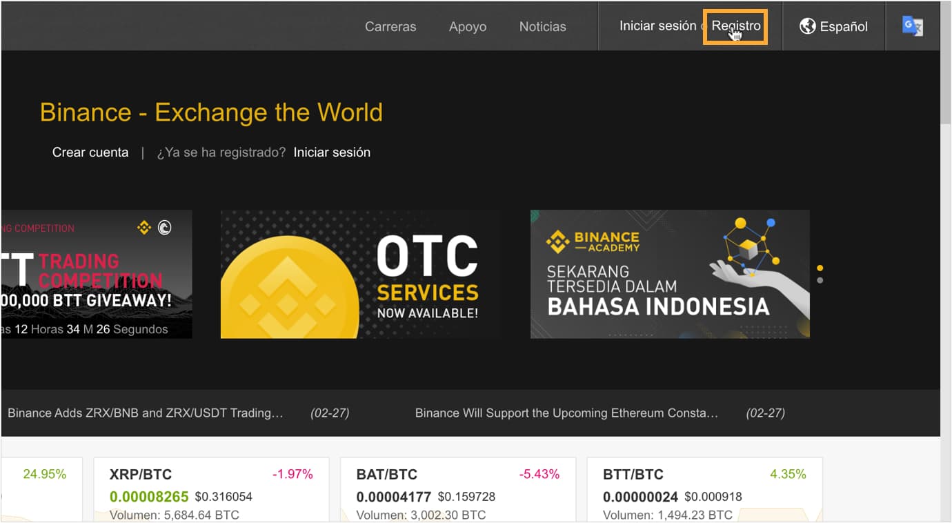 Primer paso crear una cuenta en Binance.